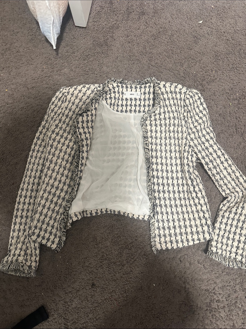 Mango Black and White Tweed Fringe Open-Front Blazer